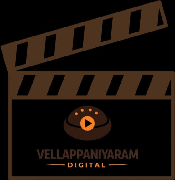 Vellappaniyaram Digital logo - a clapperboard with a paniyaram dome and an orange play button