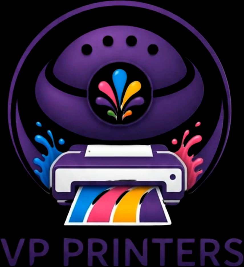 VP Printers logo - a purple paniyaram dome above a printer laying down CMYK ink